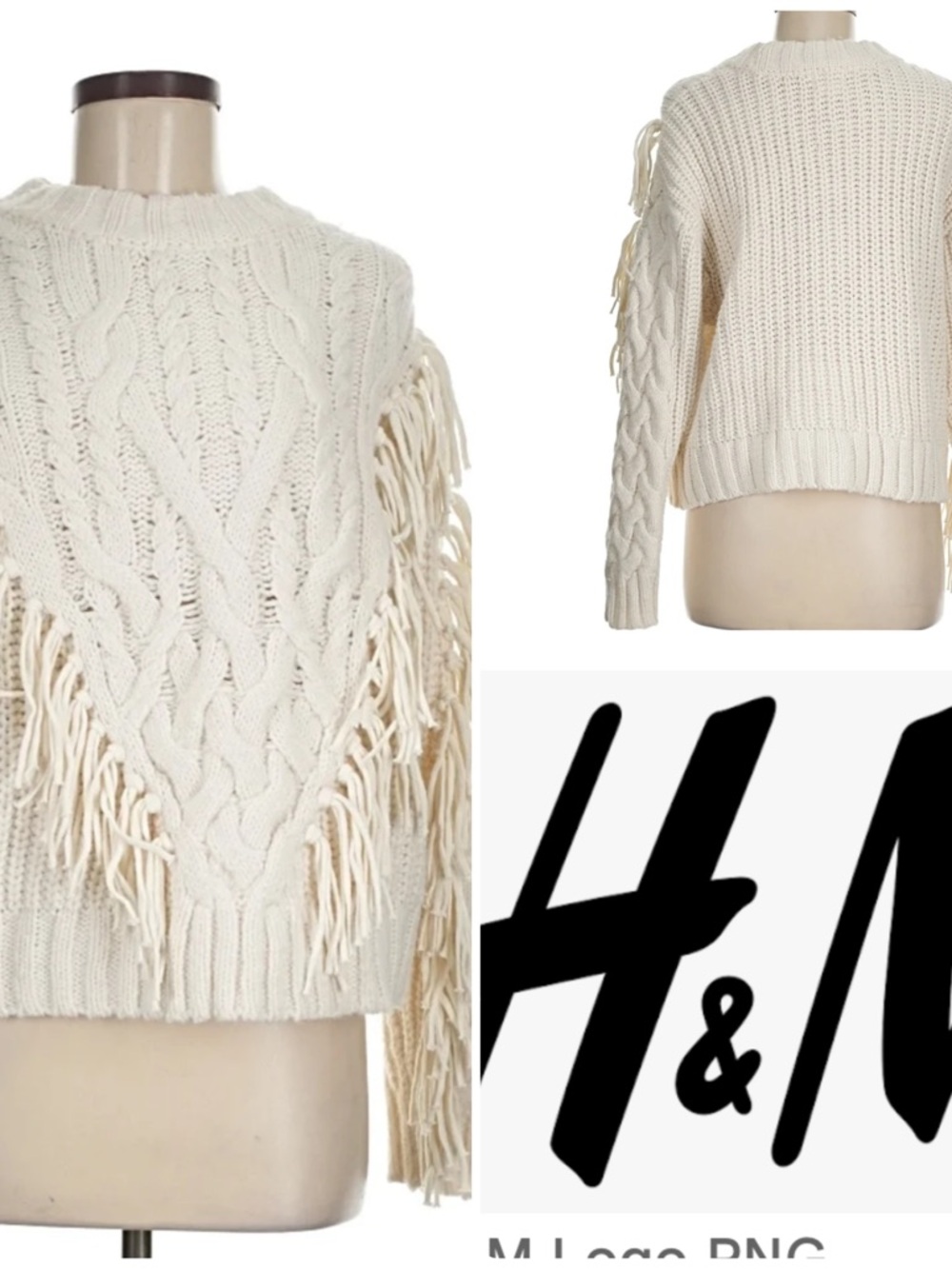 H&M Cream Cable Knit Fringe Crewneck Sweater